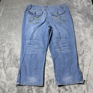 VTG Y2K Rocawear Womens Embroidered Capri Jeans Zip Hem Size 16 Hip Hop Rave